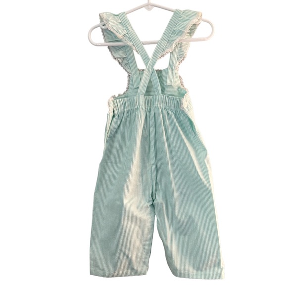 Vintage NWT Seersucker Green White Striped Rufffle Jumpsuit Overalls - Picture 3 of 11